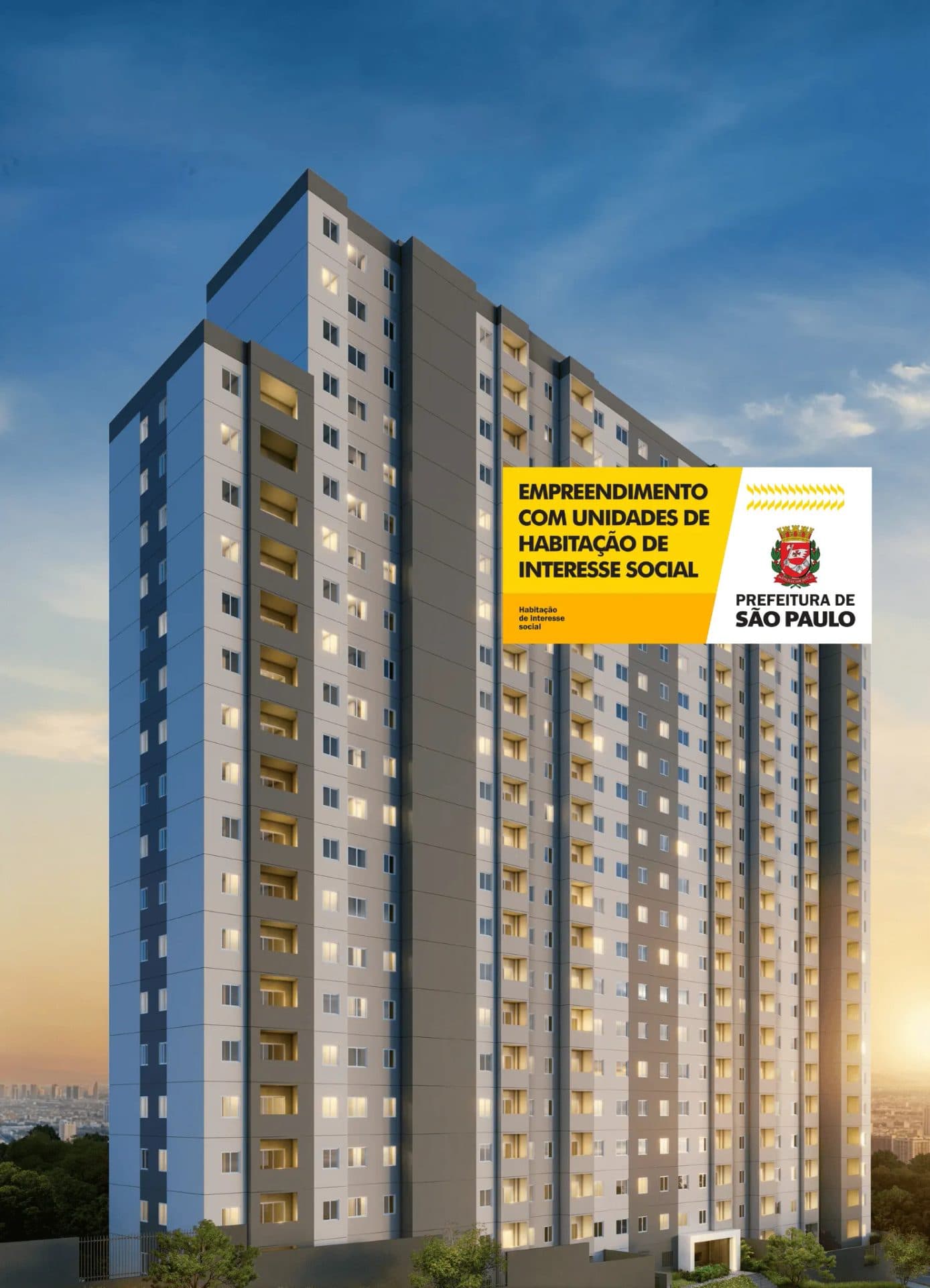 Vista externa da torre residencial com pintura em tons de cinza e varandas com iluminação interna.