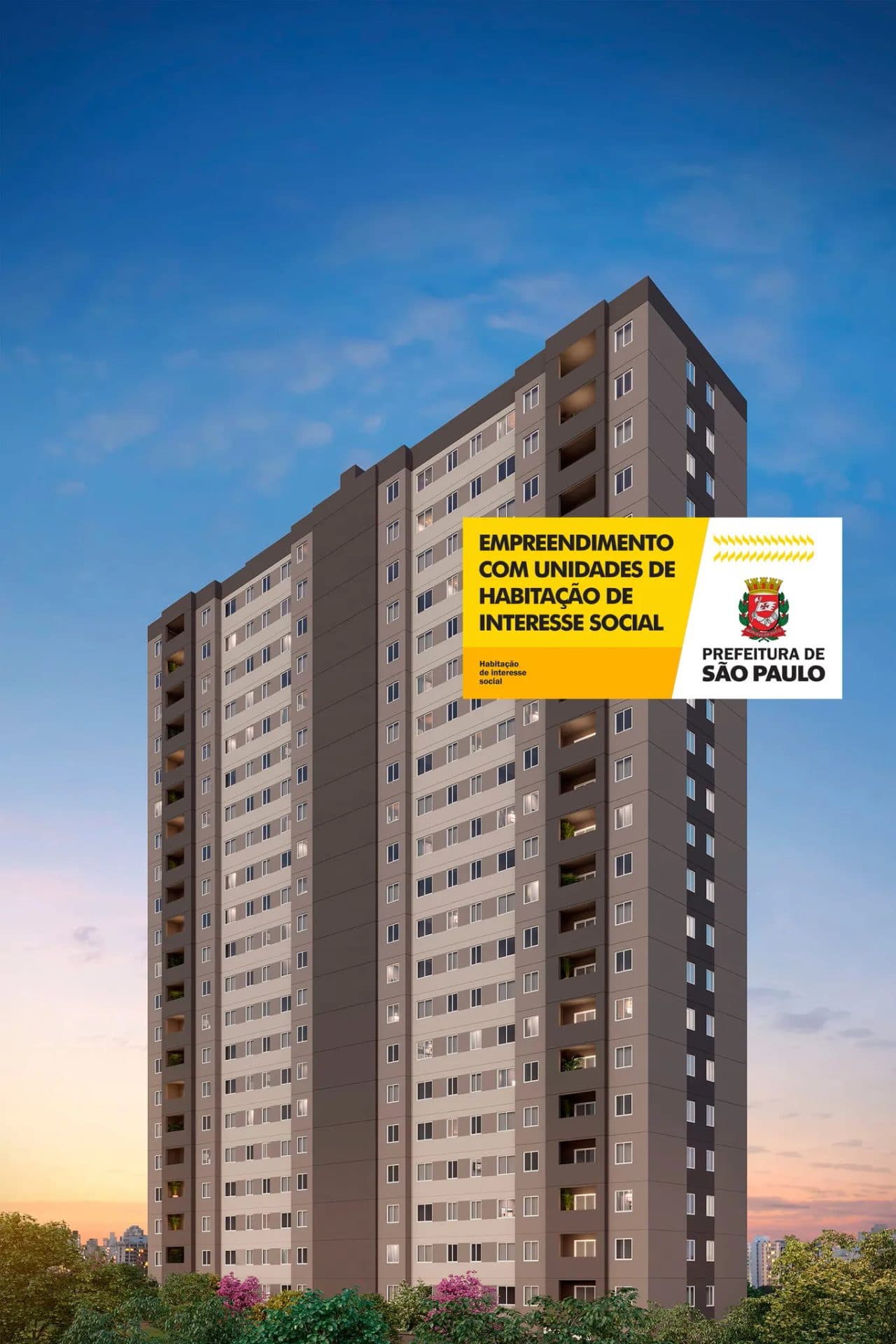 Torre residencial com pintura em tons de cinza e varandas.